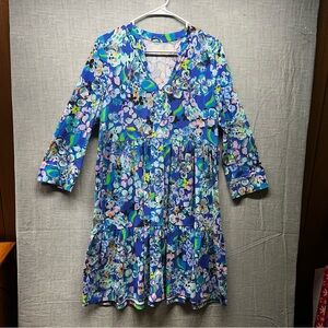 Lilly Pulitzer Alaina Blue Grotto Twilight Tropics Medium 3/4 Sleeve Tiered Knit